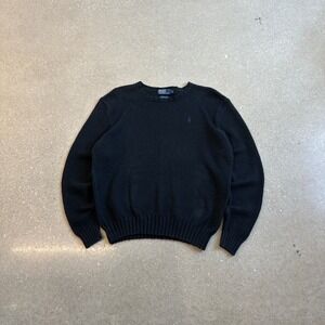 Vintage 90s Polo Ralph Lauren Black Cotton Crew Neck Sweater Embroidered Logo